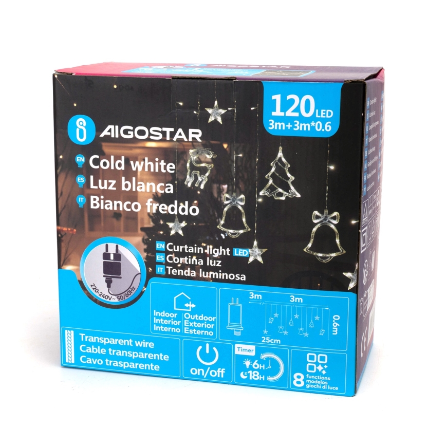Aigostar - Guirlanda de Natal LED para exterior 120xLED/8 funções 3x0,6m IP44 branco frio + comando remoto