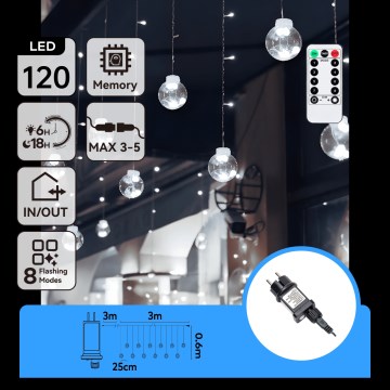 Aigostar - LED Guirlanda de Natal para exterior 120xLED/8 funções 3x0,6m IP44 branco frio + comando à distância