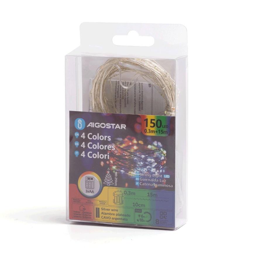 Aigostar - Guirlanda de Natal LED para exterior 150xLED/8 funções/3xAA 15,3m IP44 multicolor