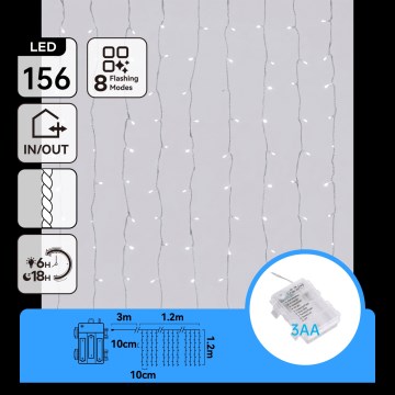 Aigostar - LED Guirlanda de Natal para exterior 156xLED/8 modos 3xAA 4,2x1,2m IP44 branco frio