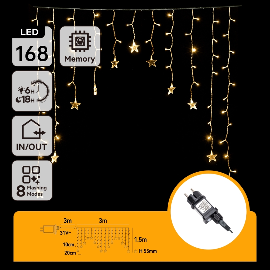 Aigostar - LED guirlanda de Natal para exterior 168xLED/8 funções 3x1,5m IP44 branco quente estrelas