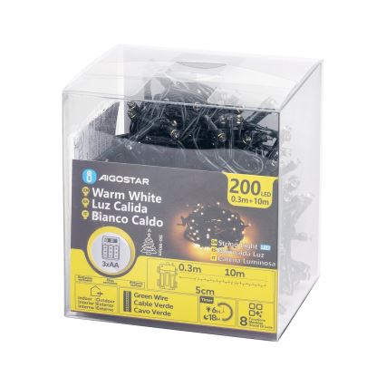 Aigostar - Cordão de luzes de Natal LED para exterior 200xLED/8 funções 3xAA 10,3m IP44 branco quente
