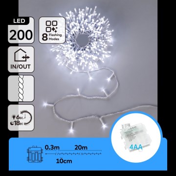 Aigostar - LED Guirlanda de Natal para exterior 200 LEDs/8 funções 4xAA 20m IP44 branco frio