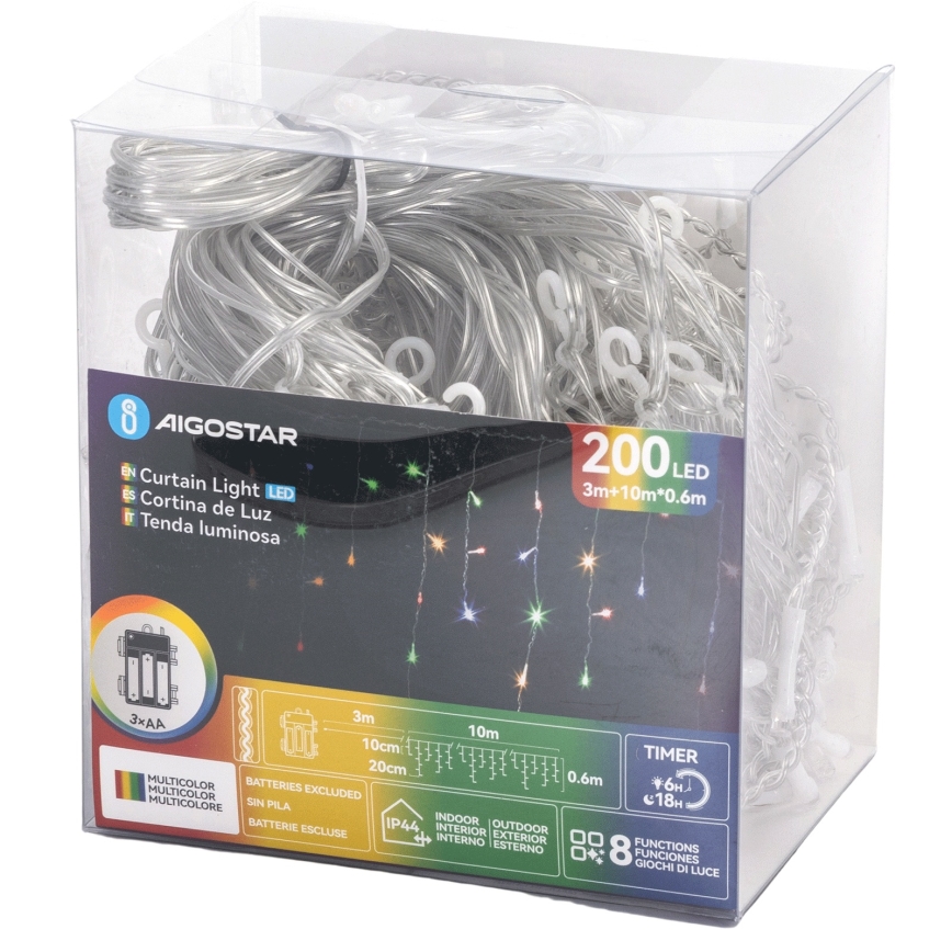 Aigostar - Cordão de Natal LED para exterior, 200 LEDs, 8 funções, alimentado por 3 pilhas AA, 13 x 0,6 m, IP44, multicolorido