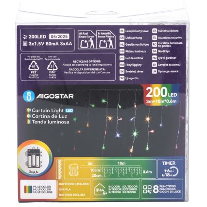 Aigostar - Cordão de Natal LED para exterior, 200 LEDs, 8 funções, alimentado por 3 pilhas AA, 13 x 0,6 m, IP44, multicolorido