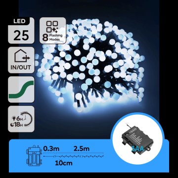 Aigostar - LED Guirlanda de Natal para exterior 25xLED/8 funções 3xAA 2,8m IP44 branco frio