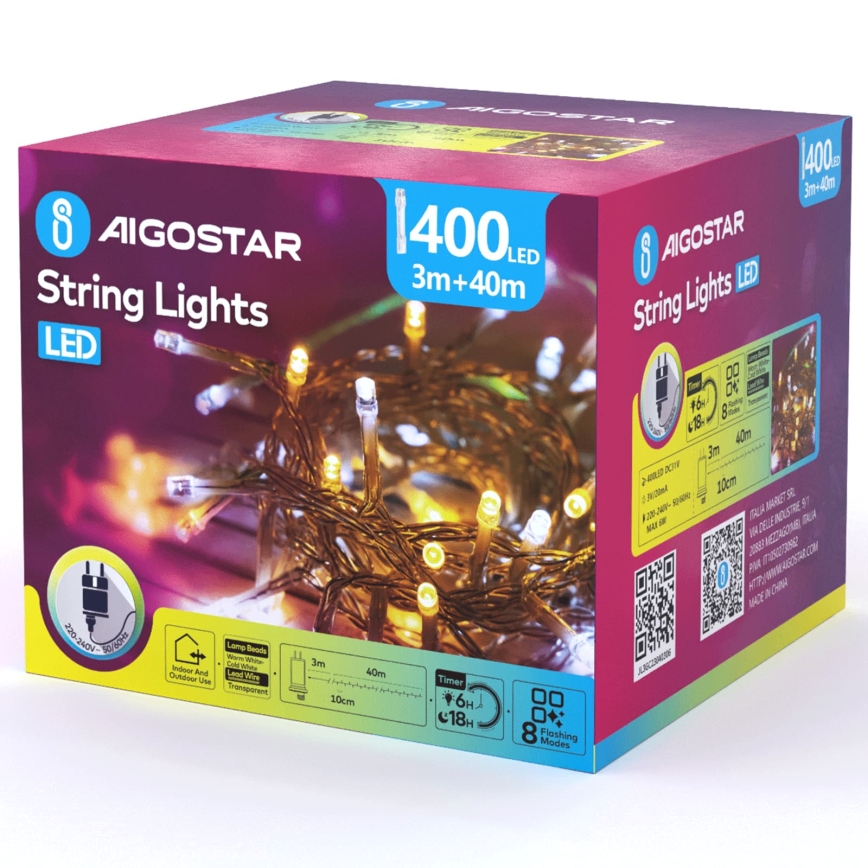 Aigostar - Luzes de Natal LED para exterior 400 LEDs/8 funções 43m IP44 branco quente/branco frio