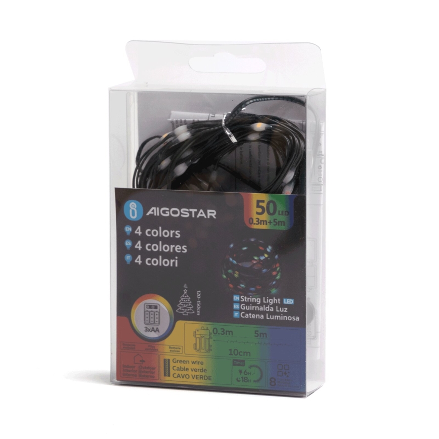 Aigostar - LED Guirlanda de Natal para exterior 50xLED/8 funções 3xAA 5,3m IP44 multicolorida