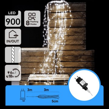 Aigostar - LED Guirlanda de Natal para exterior 900xLED/8 funções 6m IP44 branco frio