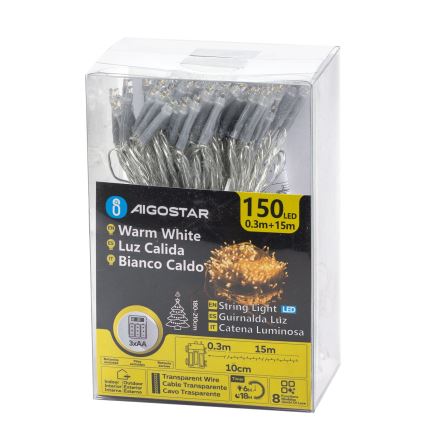 Aigostar -LED Guirlanda exterior 150xLED/8 funções 3xAA 15,3m IP44 branco quente