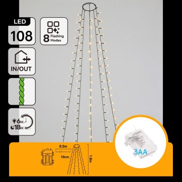Aigostar - LED Guirlanda luminosa de Natal para exterior 108xLED/8 funções 3xAA 1,8m IP44 branco quente