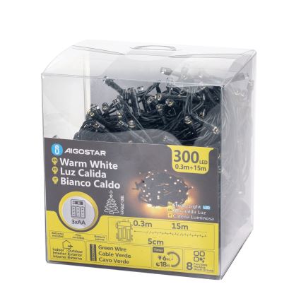 Aigostar - Cordão de Natal LED para Exterior 300xLED/8 funções 3xAA 15,3m IP44 branco quente