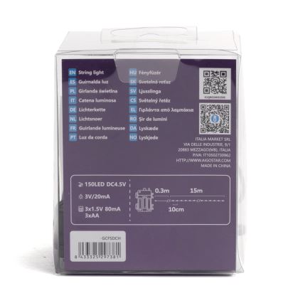 Aigostar -LED Guirlanda para exterior 150xLED/8 funções 3xAA 15,3m IP44 multicolorido