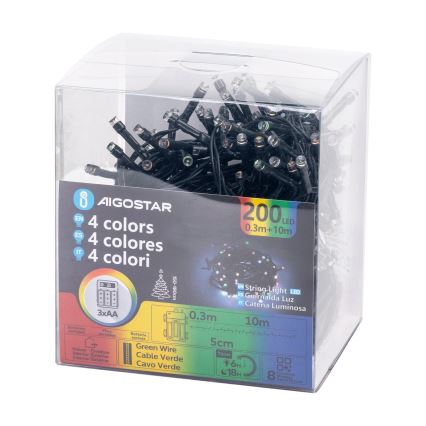Aigostar - LED Guirlanda para exterior 200 LEDs / 8 funções / 3x AA / 10,3 m / IP44 / multicolorido
