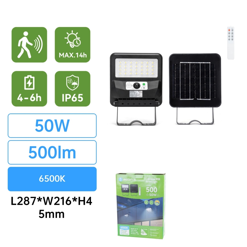 Aigostar - Lâmpada solar de rua LED com sensor LED/50W/3,2V 1000mAh 6500K + controlo remoto