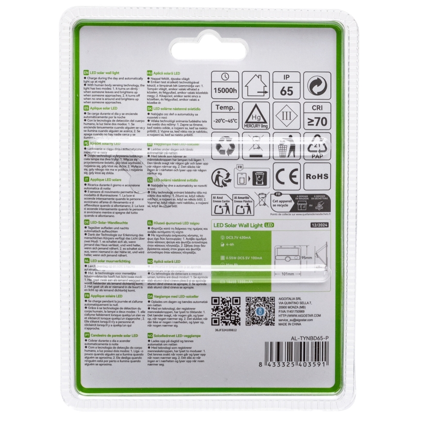 Aigostar - Luminária solar LED com sensor LED/3,7V 6500K 1200 mAh IP65 preta