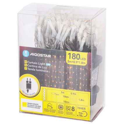 Aigostar - LED Luzes de Natal para exterior 180xLED/8 funções 3,9x1,8m IP44 branco quente