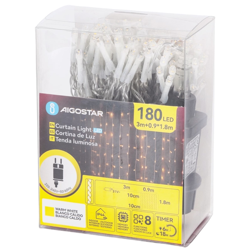 Aigostar - LED Luzes de Natal para exterior 180xLED/8 funções 3,9x1,8m IP44 branco quente