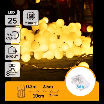 Aigostar-LED Luzes de Natal para exterior 25xLED/3xAA/8 funções 2,8 m IP44 branco quente