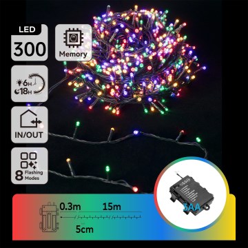 Aigostar -LED Luzes de Natal para exterior 300 LEDs / 8 funções / 3x AA / 15,3 m / IP44 / multicolorido