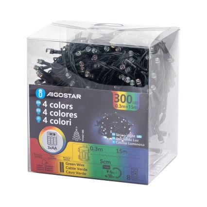 Aigostar -LED Luzes de Natal para exterior 300 LEDs / 8 funções / 3x AA / 15,3 m / IP44 / multicolorido