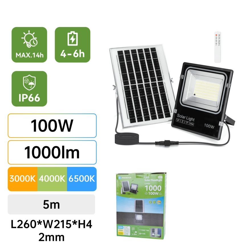 Aigostar - Refletor Solar LED/100W/3,2V 2000mAh 3000K/4000K/6500K IP66 + controlo remoto
