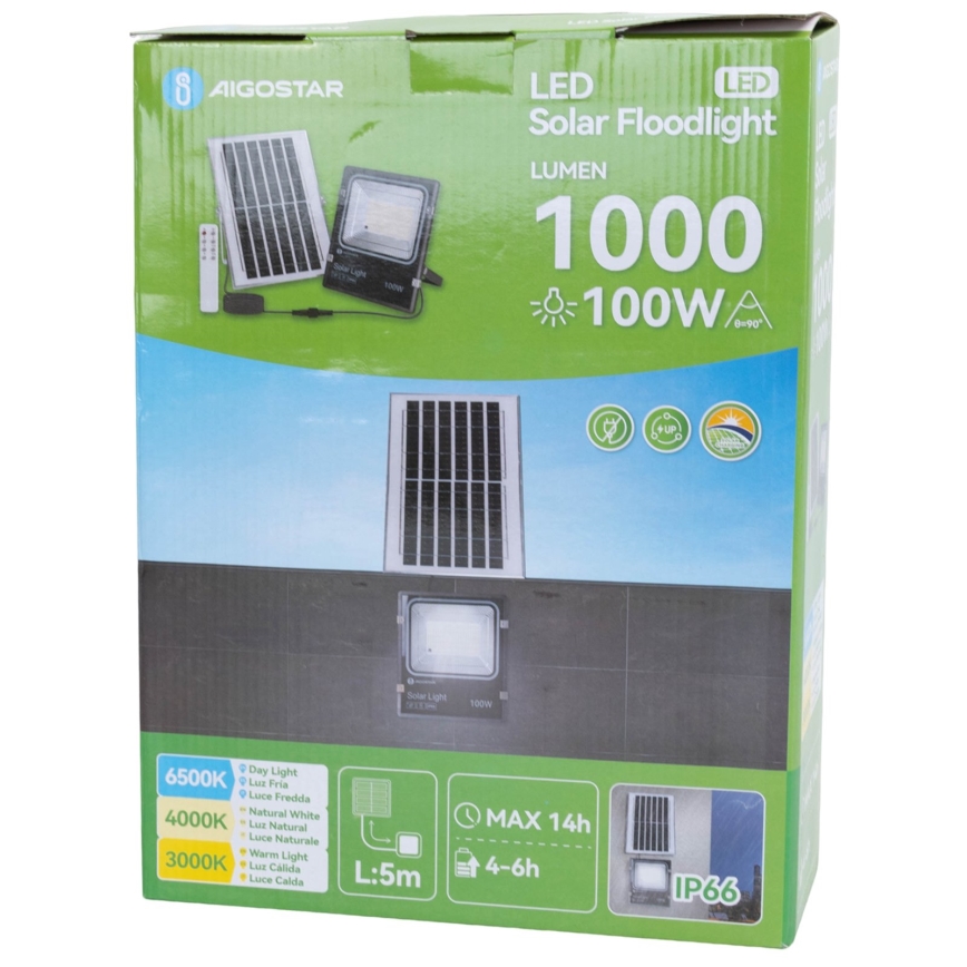 Aigostar - Refletor Solar LED/100W/3,2V 2000mAh 3000K/4000K/6500K IP66 + controlo remoto