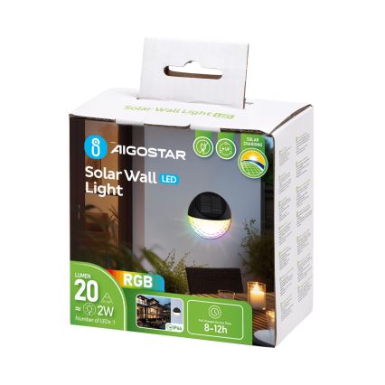 Aigostar - Luminária de parede solar LED RGB LED/2W/1,2V 300 mAh preta IP44