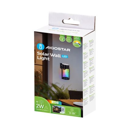 Aigostar - Luminária de parede solar LED RGB LED/2W/1,2V 300 mAh preta IP44