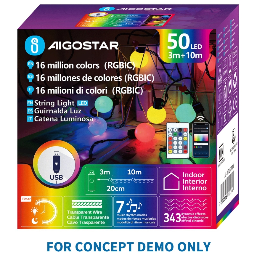 Aigostar - LED RGBIC Corrente decorativa 25xLED/5W/USB 5 m multicolorido