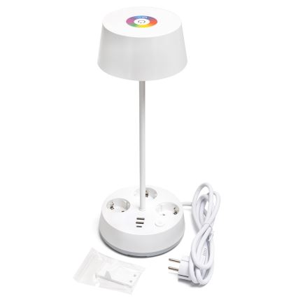 Aigostar - LED RGBW Candeeiro de mesa dimerizável com tomadas e porta USB LED/4,6W/230V 3000/4000/6500K branco