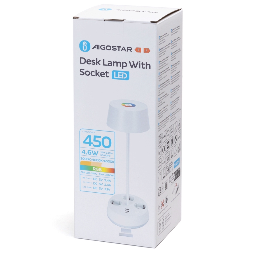 Aigostar - LED RGBW Candeeiro de mesa dimerizável com tomadas e porta USB LED/4,6W/230V 3000/4000/6500K branco