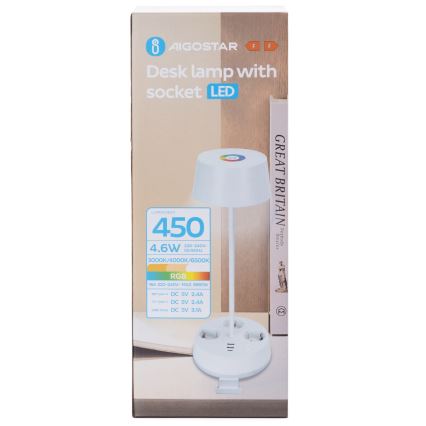 Aigostar - LED RGBW Candeeiro de mesa dimerizável com tomadas e porta USB LED/4,6W/230V 3000/4000/6500K branco