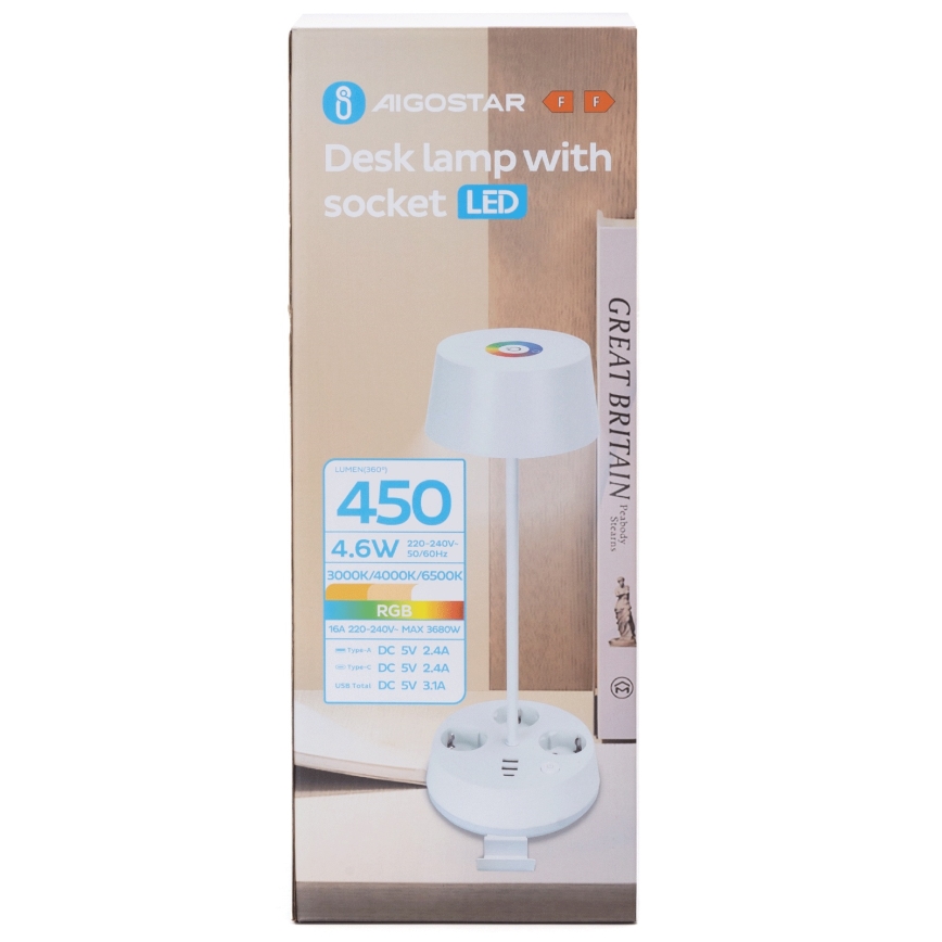 Aigostar - LED RGBW Candeeiro de mesa dimerizável com tomadas e porta USB LED/4,6W/230V 3000/4000/6500K branco