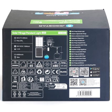 Aigostar - Lustre solar LED RGBW regulável MESH LED/20W/3,7V 4000 mAh 2700K-6500K IP65 Ø 15 cm