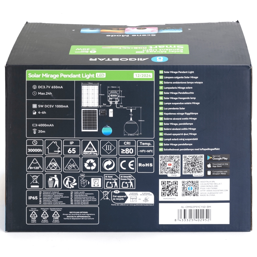 Aigostar - Lustre solar LED RGBW regulável MESH LED/20W/3,7V 4000 mAh 2700K-6500K IP65 Ø 15 cm