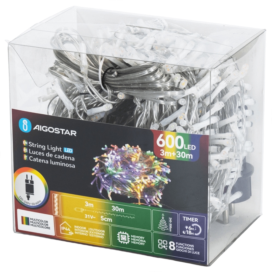 Aigostar - LED Guirlanda de Natal para exterior 600 LEDs/8 funções 30m IP44 multicolorido