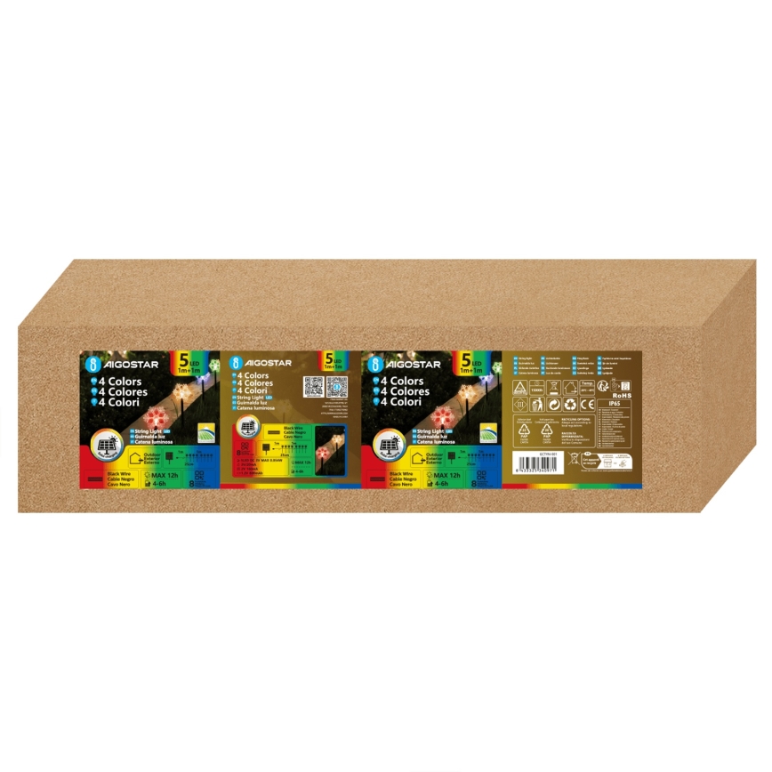 Aigostar - Luminária Solar LED RGBY 5xLED/1,2V/8 funções 1m IP65 800mAh flocos