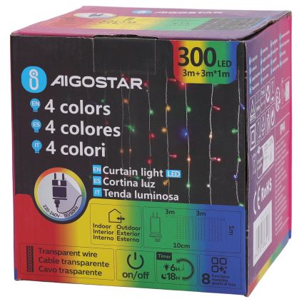 Aigostar - LED RGBY Cadeia de luzes de Natal para exterior 300 LEDs / 8 funções 3 x 1 m IP44 + controlo remoto