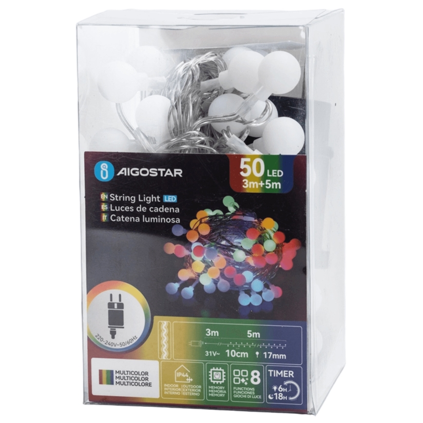 Aigostar - Guirlanda decorativa LED para exterior 5 m, 50 LEDs, 8 funções, IP44, multicolorida
