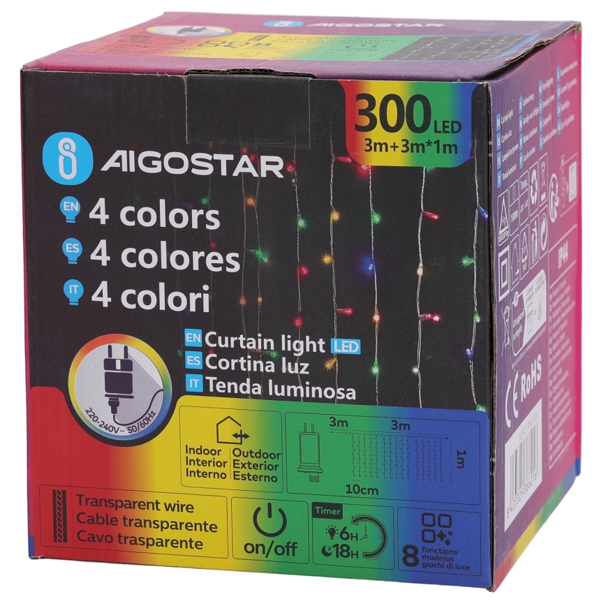 Aigostar - Guirlanda exterior LED RGBY 300xLED/8 funções 3x1m IP44 + controlo remoto