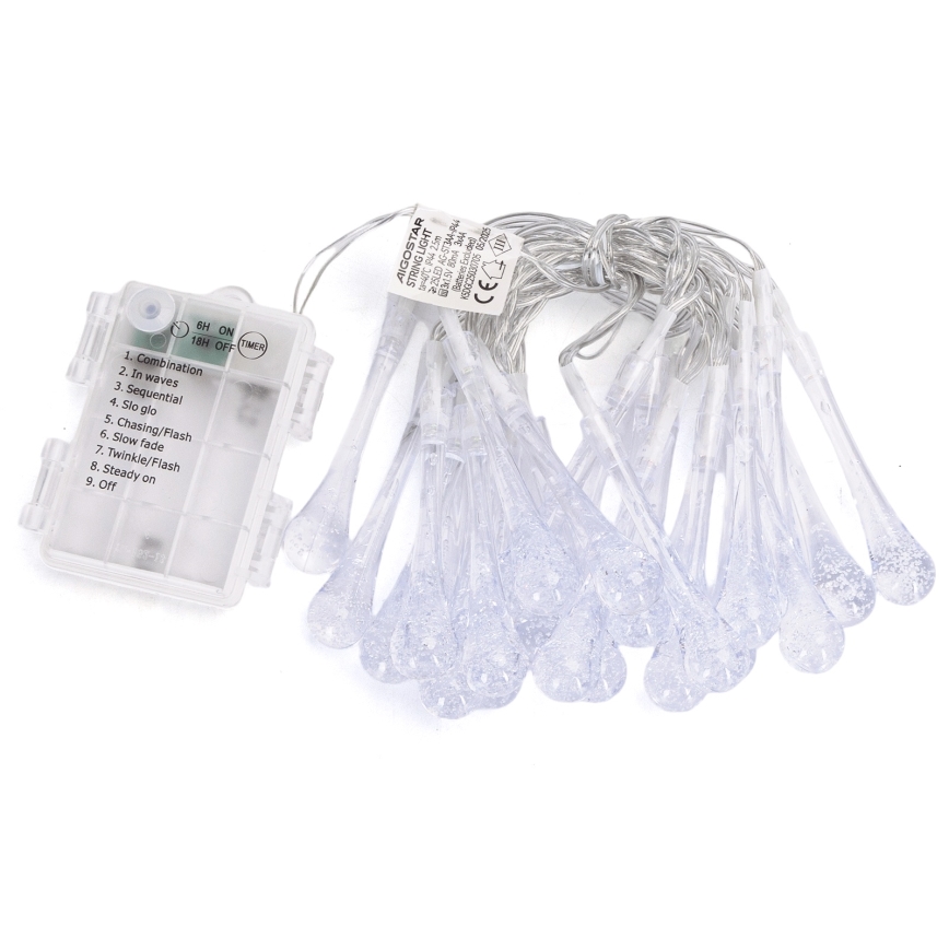 Aigostar - Guirlanda de LED para exterior, 25 LEDs / 8 funções, 3xAA, 2,5 m, IP44, gotas multicoloridas