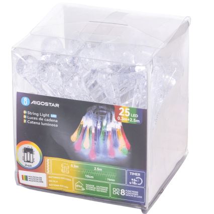 Aigostar - Guirlanda de LED para exterior, 25 LEDs / 8 funções, 3xAA, 2,5 m, IP44, gotas multicoloridas