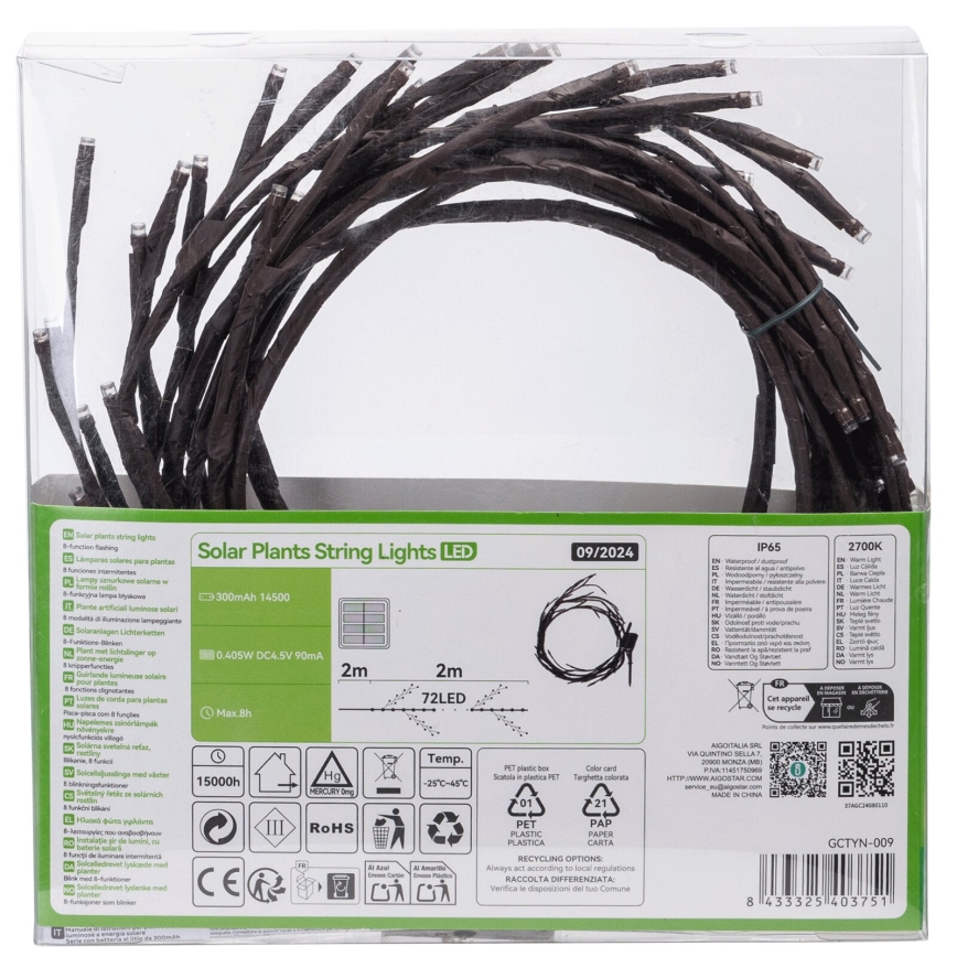 Aigostar - Fio de luz solar LED 72xLED/4m IP65 300 mAh branco quente para galhos de árvores