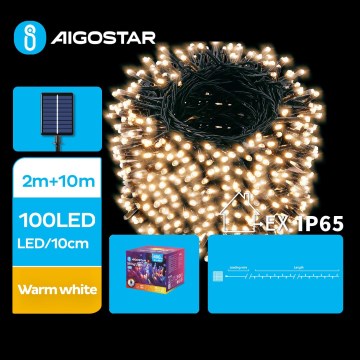 Aigostar - LED Solar Corrente de Natal 100xLED/8 funções 12m IP65 branco quente