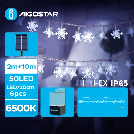 Aigostar - LED Solar Corrente de Natal 50xLED/8 funções 12m IP65 branco frio