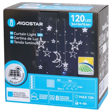 Aigostar - Guirlanda solar LED de Natal 120 LEDs/8 funções 3 x 0,6 m 500 mAh IP65 branco frio