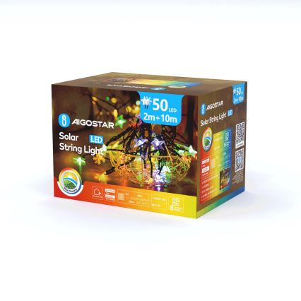 Aigostar - Fio de luzes de Natal solar LED 50xLED/8 funções 800 mAh 12m IP65 multicolor