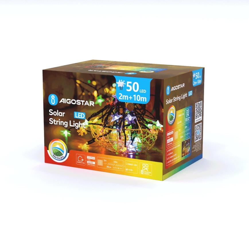 Aigostar - Fio de luzes de Natal solar LED 50xLED/8 funções 800 mAh 12m IP65 multicolor