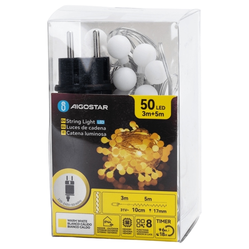 Aigostar - Cordão de luzes LED para exterior 50 LEDs/8 funções 5 m IP44 branco quente